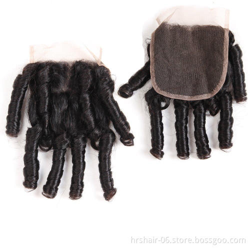 Funmi Curly Human Hair Brazilian Virgin Hair Bouncy Curl 3 Bundles With 4x4 Closure Natural Black Unprocessed Remy Hair